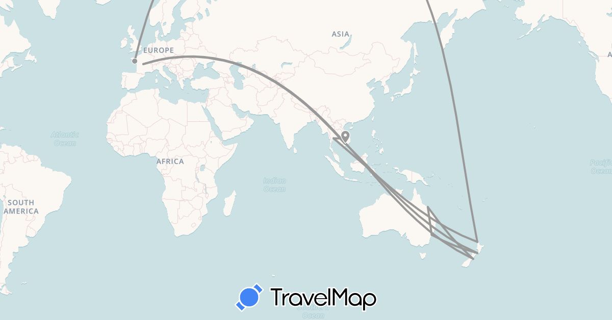 TravelMap itinerary: driving, plane in Australia, France, Cambodia, New Zealand, Thailand, Vietnam (Asia, Europe, Oceania)